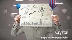  Presentation with cardboard - PPT layouts featuring head with cityscape and ballon background and a gray colored foreground