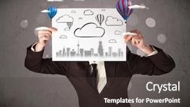  Presentation with cardboard art sculpture - Audience pleasing presentation theme consisting of head with cityscape and ballon backdrop and a dark gray colored foreground