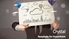  Presentation with head and neck - Colorful PPT layouts enhanced with head with cityscape and ballon backdrop and a tawny brown colored foreground