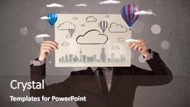  Presentation with cardboard - Slides enhanced with head with cityscape and ballon background and a tawny brown colored foreground