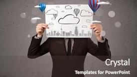  Presentation with cardboard - Theme consisting of head with cityscape and ballon background and a tawny brown colored foreground