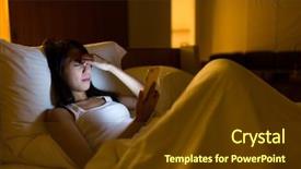  Presentation with using digital tablet - PPT layouts having book movie - woman feeling eye pain background and a tawny brown colored foreground