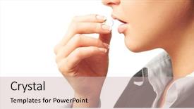  Presentation with headache - Theme enhanced with headache medicine - young woman in suit taking background and a soft green colored foreground