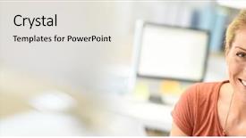  Presentation with successful - Audience pleasing theme consisting of header - smiling successful and attractive businesswoman backdrop and a light gray colored foreground