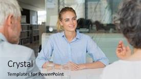  Presentation with woman leader - Beautiful PPT theme featuring headhunting - portrait of woman sitting backdrop and a light blue colored foreground