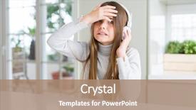  Presentation with music headphones - PPT theme featuring headlisten - beautiful young girl wearing headphones background and a coral colored foreground