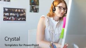  Presentation with hotel front office - Beautiful slide set featuring headphone while working on computer backdrop and a light gray colored foreground