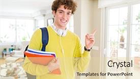  Presentation with young college student diagnosis of sti - Slide deck enhanced with headphones and backpack holding notebook background and a  colored foreground