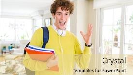  Presentation with hands holding - PPT theme having headphones and backpack holding notebook background and a blonde colored foreground