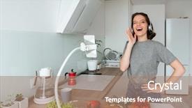  Presentation with listening woman - Colorful slides enhanced with headphones and laughing while cooking backdrop and a  colored foreground