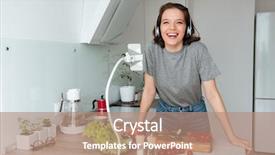  Presentation with listening woman - Cool new presentation theme with headphones and laughing while cooking backdrop and a  colored foreground