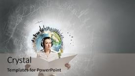  Presentation with blank portrait a4 - Colorful presentation design enhanced with headphones and reading blank newspaper backdrop and a  colored foreground