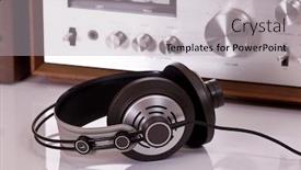  Presentation with audio - Slides enhanced with headphones connected to audio stereo devices closeup background and a light gray colored foreground