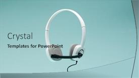  Presentation with headphones - Colorful slides enhanced with headphones-isolated-on-empty-blue backdrop and a light blue colored foreground