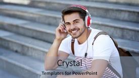  Presentation with music headphones - Slide deck consisting of headphones listening music on street background and a  colored foreground