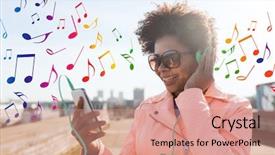  Presentation with colorful music - Presentation design with headphones listening to music background and a coral colored foreground