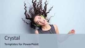  Presentation with listening woman - PPT theme having headphones listening to music background and a light blue colored foreground