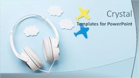  Presentation with headphones - PPT theme consisting of headphones-on-blue-background-flat background and a  colored foreground