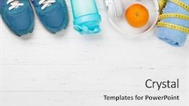  Presentation with healthy food - Slide set with headphones on wooden table top background and a white colored foreground