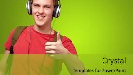  Presentation with music headphones - Colorful presentation theme enhanced with headphones over a green background backdrop and a  colored foreground