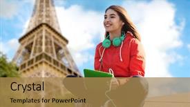  Presentation with computer music - Presentation with headphones over paris eiffel tower background and a coral colored foreground