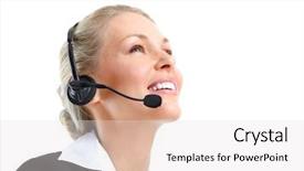  Presentation with young business woman smile show - Slide deck with headphones prefestional - smiling business woman with headset background and a  colored foreground