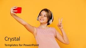  Presentation with pretty girl - PPT layouts featuring attractive kids - pretty modern girl in headphones background and a yellow colored foreground