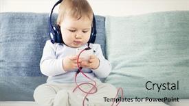  Presentation with baby sitting - Presentation design consisting of headphones while looking at iphone background and a light gray colored foreground