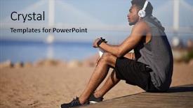  Presentation with young black couples hiking - Presentation theme having headphones while resting after training background and a light blue colored foreground