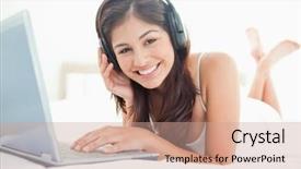  Presentation with sensuality woman black angel relaxing - PPT theme consisting of headphones with her legs cross background and a coral colored foreground