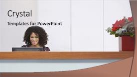  Presentation with receptionist - Presentation theme having heads people - afro american receptionist using computer background and a sky blue colored foreground