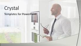  Presentation with safety home inspections - Presentation theme having heads people - thoughtful businessman holding newspaper background and a  colored foreground