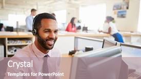  Presentation with worker - Colorful slides enhanced with headset - smiling male call centre worker backdrop and a coral colored foreground