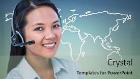  Presentation with green travel - Theme enhanced with digital composite of travel agent with headset against white map and blue green background background and a light gray colored foreground