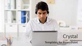  Presentation with business communication for students - Beautiful PPT layouts featuring headset and laptop computer typing backdrop and a light gray colored foreground