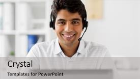  Presentation with business communication - PPT layouts consisting of technology concept - businessman or helpline background and a light gray colored foreground