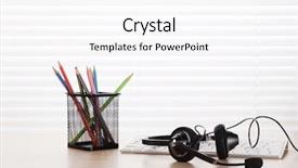  Presentation with call center - Beautiful slide deck featuring headset and pc call center backdrop and a  colored foreground