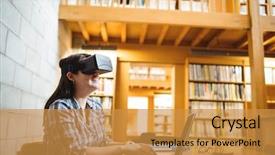  Presentation with female college student for health check up - Beautiful slide deck featuring headset at desk in library backdrop and a gold colored foreground