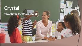  Presentation with classmates - PPT layouts consisting of headset at school in classroom background and a gray colored foreground