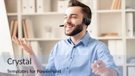  Presentation with office - Presentation enhanced with chatting thorugh computer - happy young contemporary office manager background and a light blue colored foreground