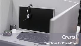  Presentation with call center performance reporting - Colorful presentation design enhanced with headset in empty call center backdrop and a gray colored foreground