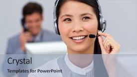  Presentation with help desk - PPT theme consisting of headset on at her desk background and a light blue colored foreground