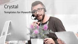  Presentation with employee - Presentation theme enhanced with headset sitting at a table background and a light gray colored foreground