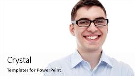  Presentation with blue formal - Colorful slide deck enhanced with headshot - front portrait of young smiling backdrop and a white colored foreground