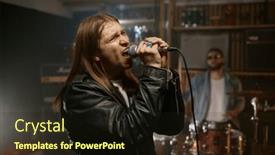  Presentation with rock band - Presentation theme featuring headshot-of-expressive-rock-band background and a wine colored foreground