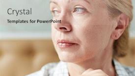  Presentation with deep - PPT layouts consisting of headshot of pretty middle-aged woman with deep gray eyes looking away pensively blurred background background and a lemonade colored foreground