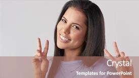  Presentation with peace - Presentation design consisting of headshot of pretty woman making hand gesture peace sign like a tourist posing background and a coral colored foreground
