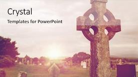  Presentation with ancient cross - Audience pleasing PPT theme consisting of headstones and ruins on celtic backdrop and a sky blue colored foreground