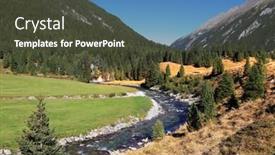  Presentation with waterfalls - Slide set with headwaters of waterfalls - the narrow fast river among green mountain meadows national park krimml waterfalls in austria background and a tawny brown colored foreground