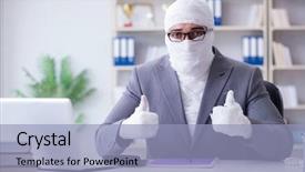  Presentation with paperwork - Audience pleasing presentation design consisting of healing bones - bandaged businessman worker working backdrop and a  colored foreground